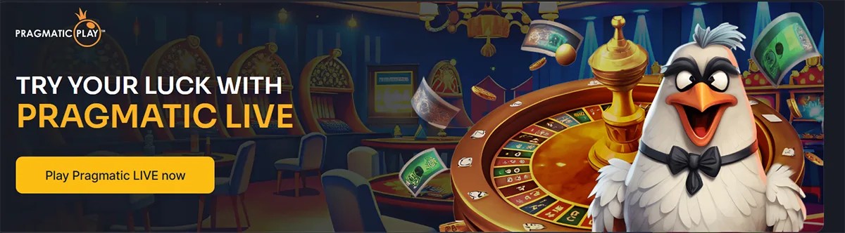 Pragmatic Play promotional banner inviting players to try Pragmatic Live, featuring a live casino roulette table, flying banknotes, and a cartoon chicken character, with a yellow “Play Pragmatic LIVE now” call-to-action button in a casino setting.