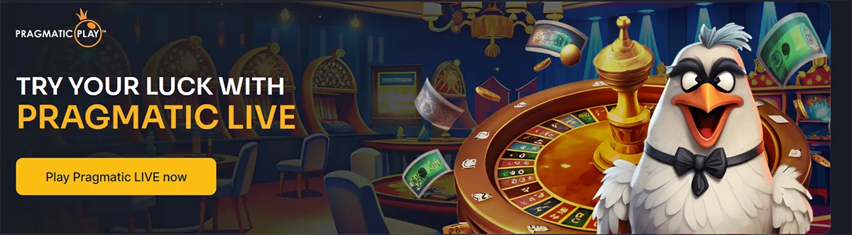 Pragmatic Play promotional banner inviting players to try Pragmatic Live, featuring a live casino roulette table, flying banknotes, and a cartoon chicken character, with a yellow “Play Pragmatic LIVE now” call-to-action button in a casino setting.