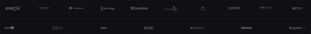 Dark casino footer strip displaying game provider logos such as Play’n GO, Nolimit City, Yggdrasil, Booongo, Evolution, Pragmatic Play, Quickspin, Relax Gaming, and NetEnt, alongside payment method icons including Visa, Skrill, Rapid Transfer, Apple Pay, Google Pay, Neteller, and Paysafecard.