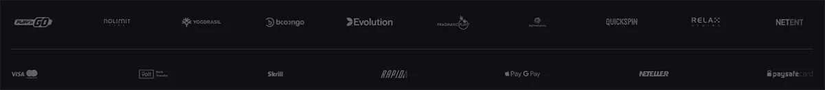 Dark casino footer strip displaying game provider logos such as Play’n GO, Nolimit City, Yggdrasil, Booongo, Evolution, Pragmatic Play, Quickspin, Relax Gaming, and NetEnt, alongside payment method icons including Visa, Skrill, Rapid Transfer, Apple Pay, Google Pay, Neteller, and Paysafecard.