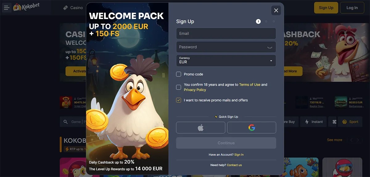 Kokobet casino sign-up popup featuring a welcome pack of up to €2,000 plus 150 free spins, with email and password fields, EUR currency selection, consent checkboxes, quick sign-up options via Apple and Google, and a cartoon chicken mascot holding gold coins on a dark casino interface.