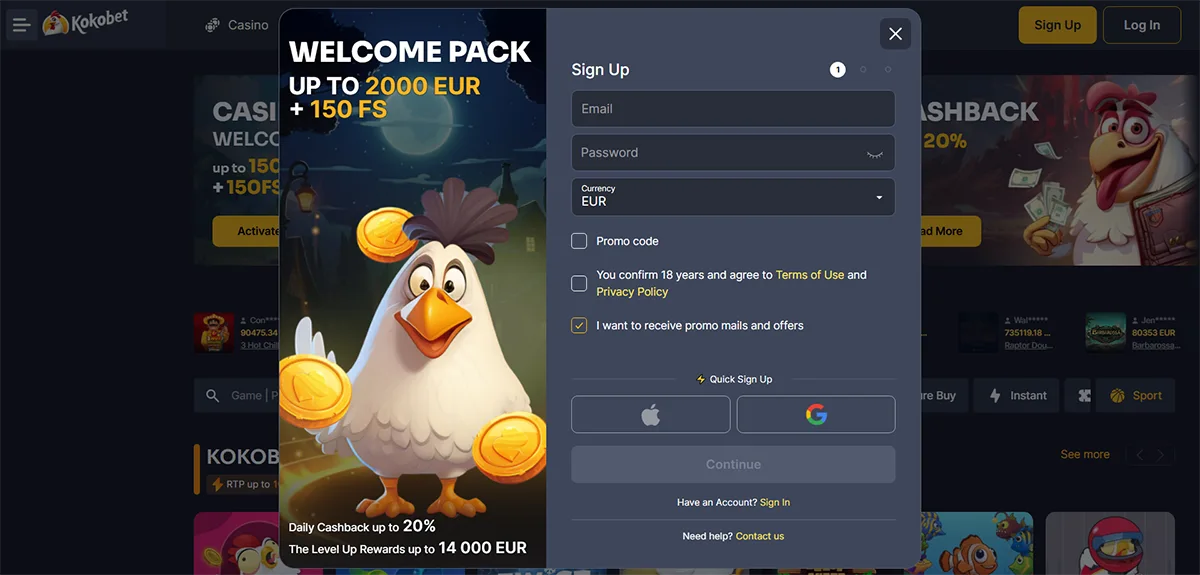 Kokobet casino sign-up popup featuring a welcome pack of up to €2,000 plus 150 free spins, with email and password fields, EUR currency selection, consent checkboxes, quick sign-up options via Apple and Google, and a cartoon chicken mascot holding gold coins on a dark casino interface.
